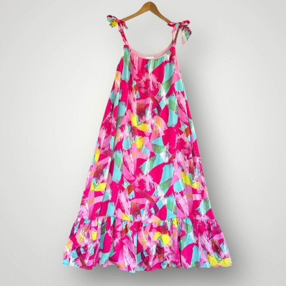 Bright Pink Abstract Tie-Strap Maxi Dress